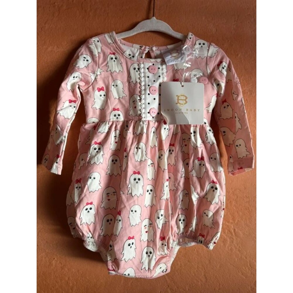 Swoon Baby Hey Boo Bliss Bubble Pink Ghost Halloween Romper 12M NWT
